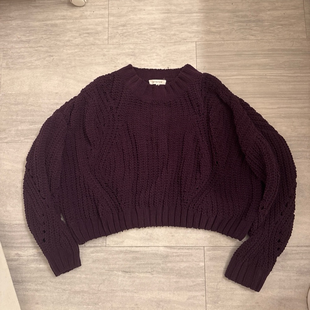 Chunky Cable Crewneck Sweater in Deep Plum
